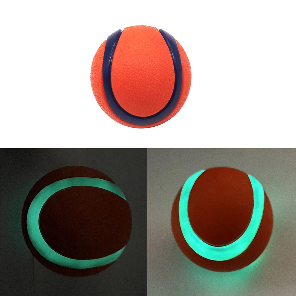 Composite image showing an orange ball with a blue ring in daylight and glowing green in the dark.