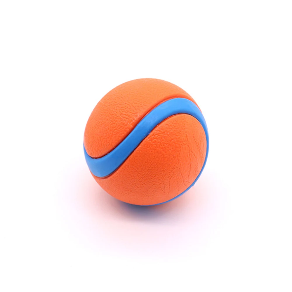 Orange textured stress ball with blue curved stripe on white background