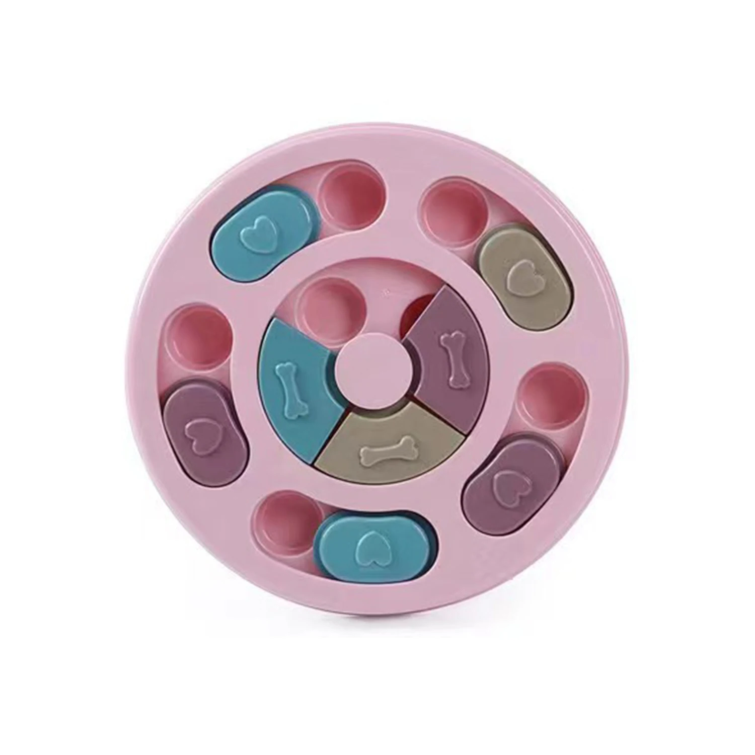 Pink circular wooden puzzle toy with removable pastel-colored spinning pieces.