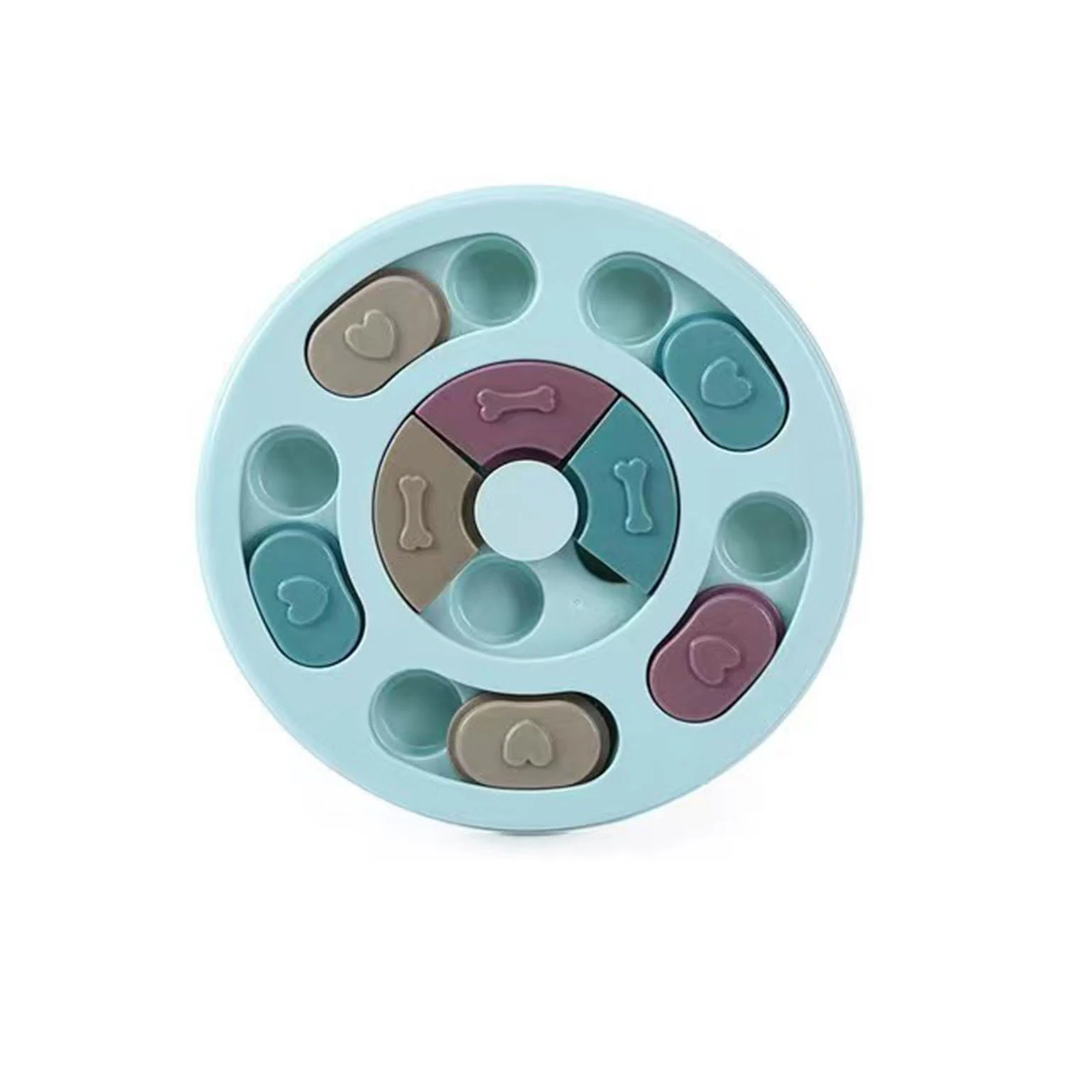 Round silicone pet puzzle toy with sliding pieces and bone and heart shapes