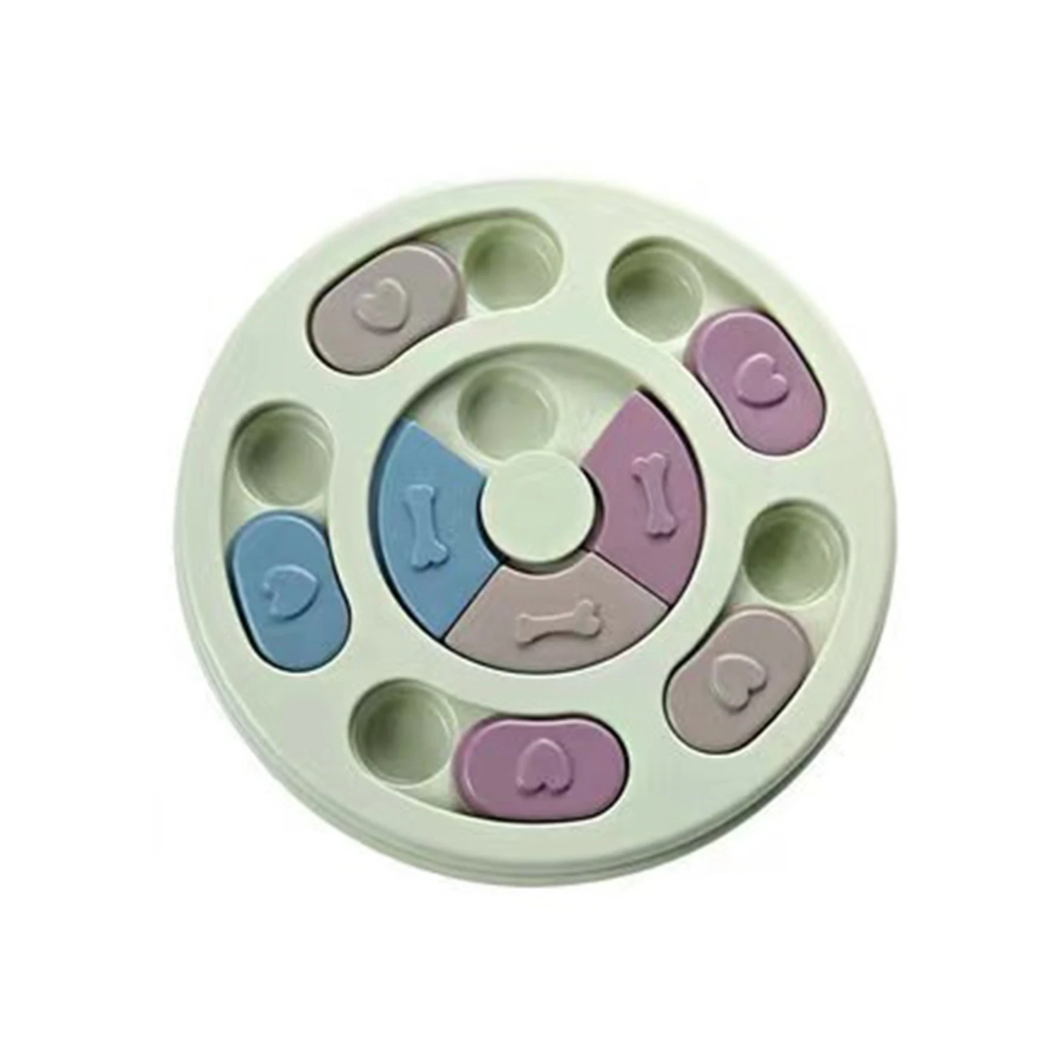 Pastel colored circular wooden puzzle toy with rotating center and outer shapes