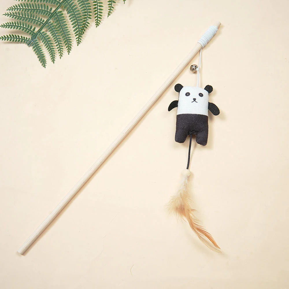Panda-shaped cat teaser wand with feathers and bell on a beige background