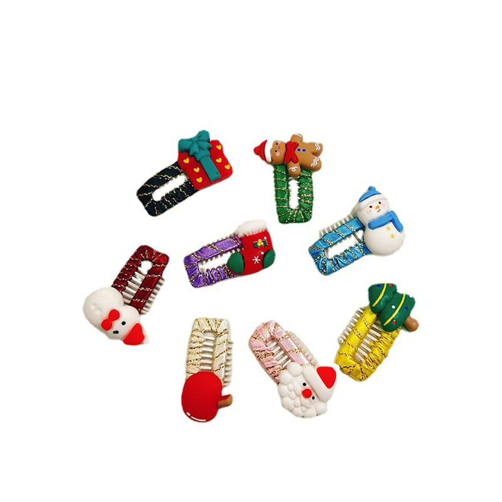 A collection of eight Christmas-themed hair clips with glittery designs and 3D figures.