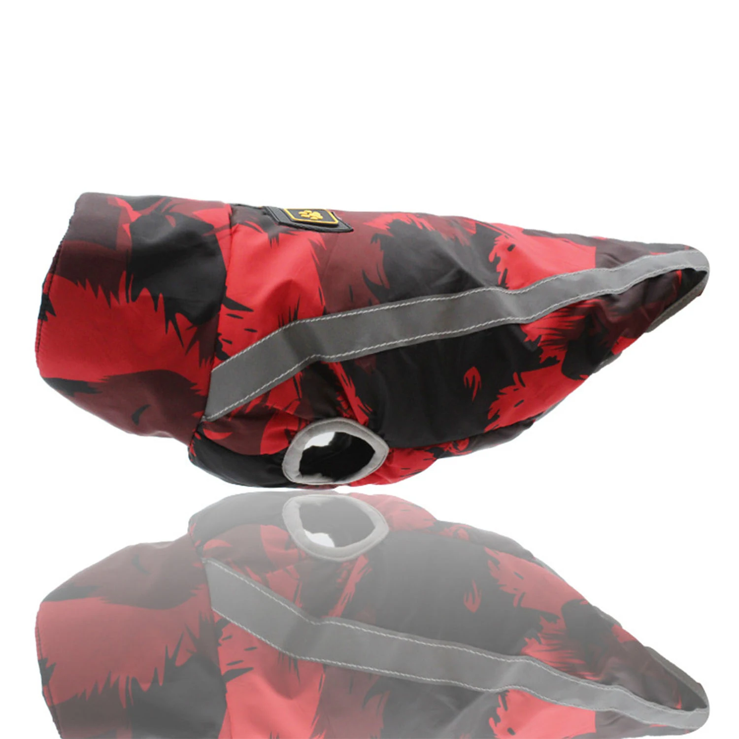 Red and black patterned fabric cover with a grey reflective strip on a white background.