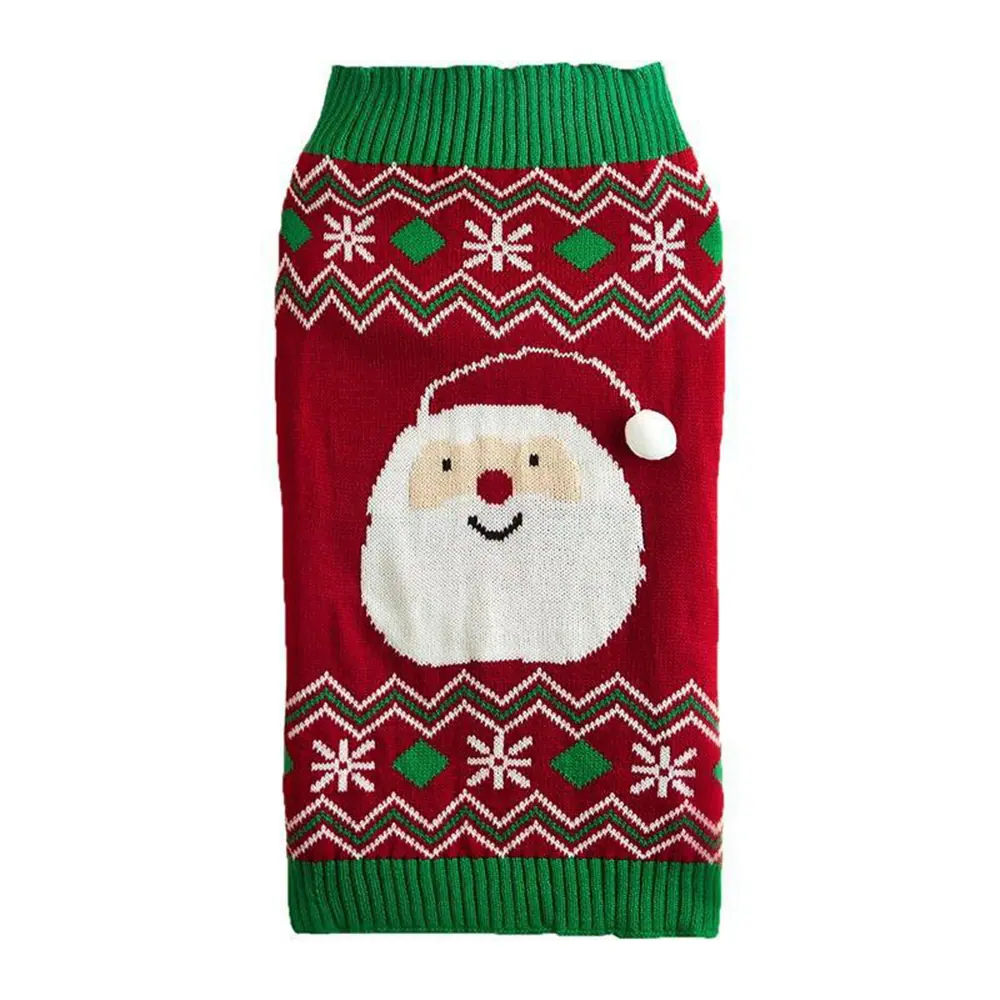Red and green knitted pet sweater featuring a Santa Claus face and snowflake patterns.