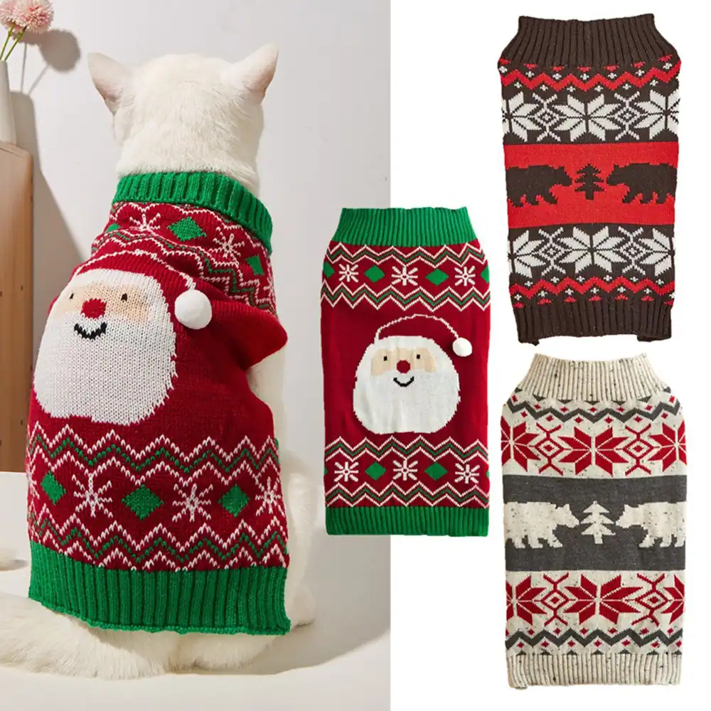 Collage of Christmas pet sweaters, one on a white cat and three flat lay designs featuring Santa and reindeer motifs.
