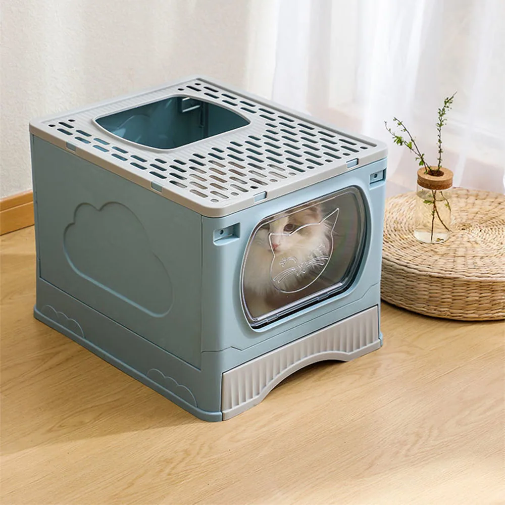 A light blue collapsible plastic cat litter box with a transparent window and a cat inside.