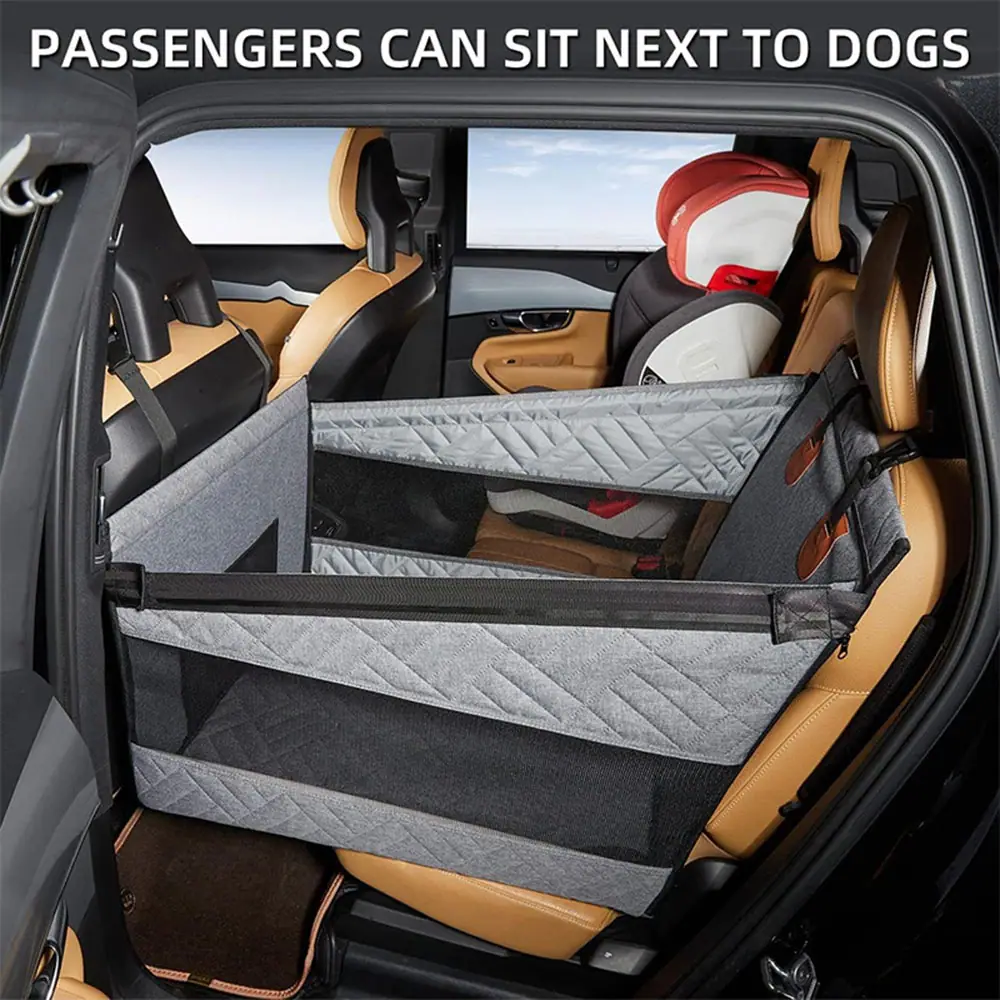Car seat barrier with mesh window installed in the back of a vehicle to separate passengers from pets.