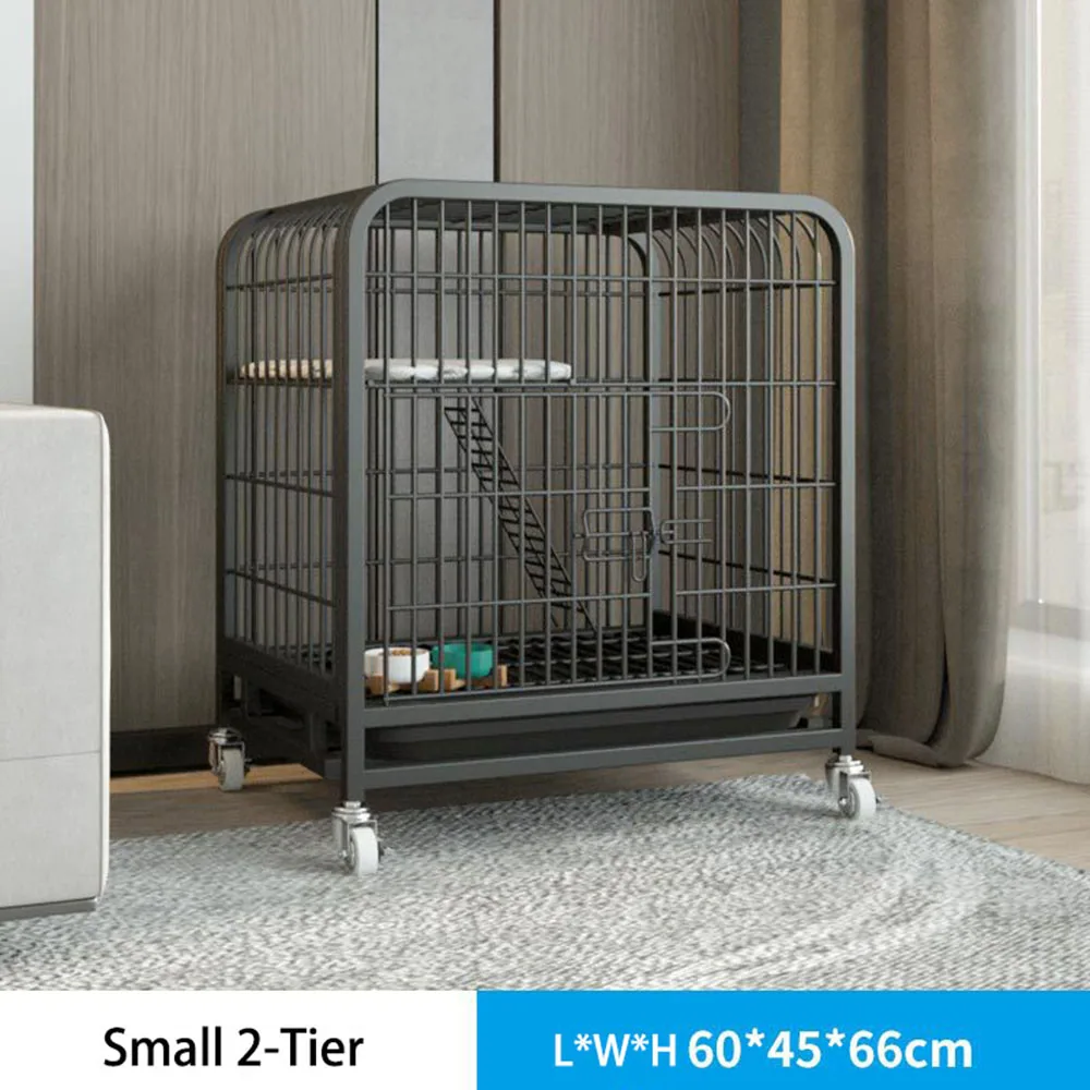 Black two-tier pet cage with wheels and interior ladder