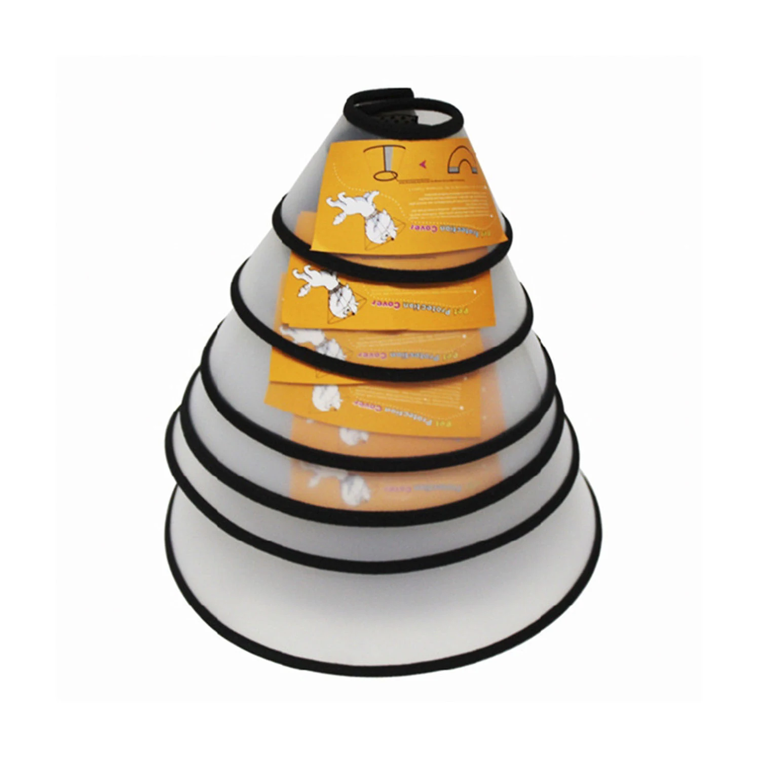 Stack of translucent plastic pet recovery cones with black trim and yellow labels