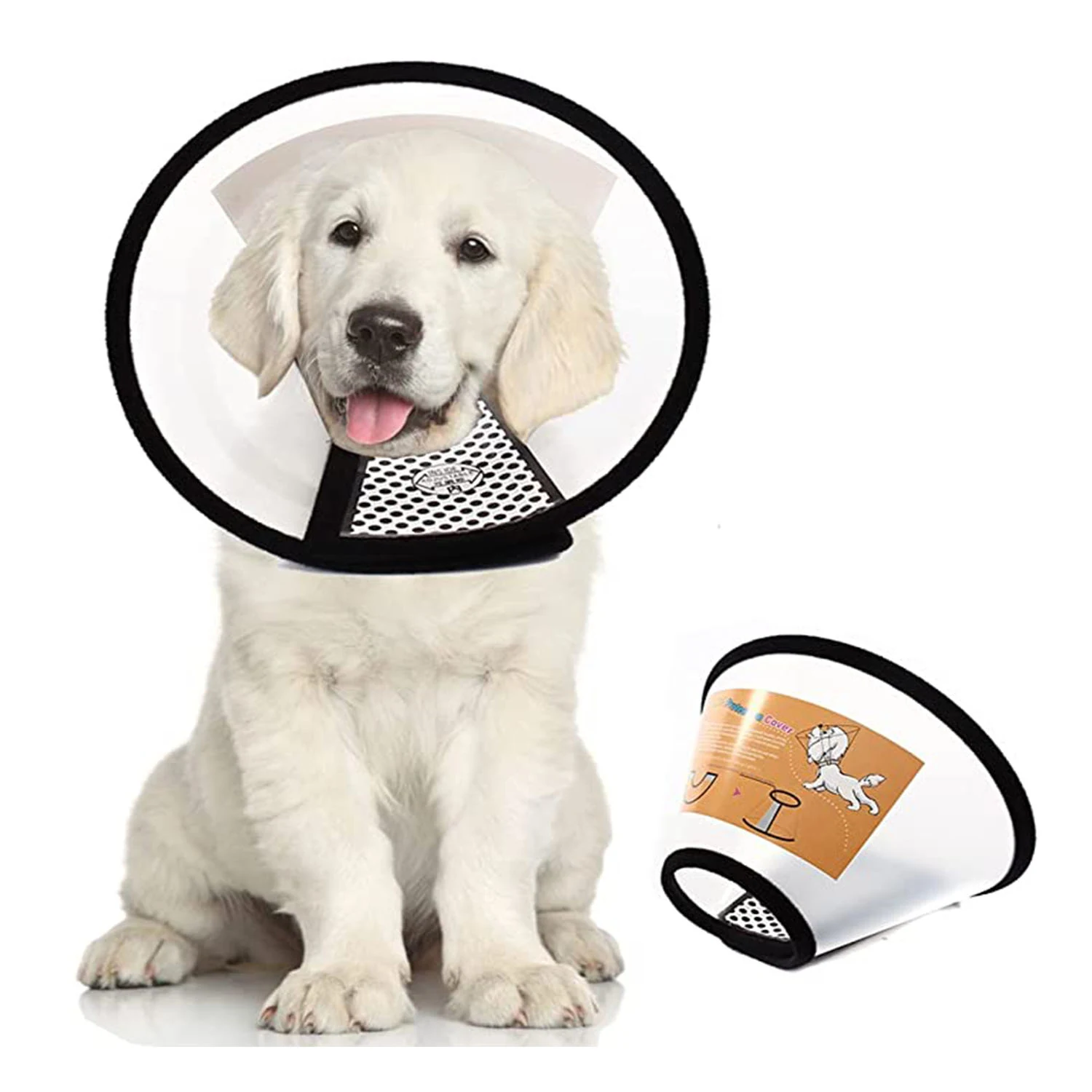 A white puppy wearing a soft protective cone with a mesh opening, displayed next to a separate view of the cone.