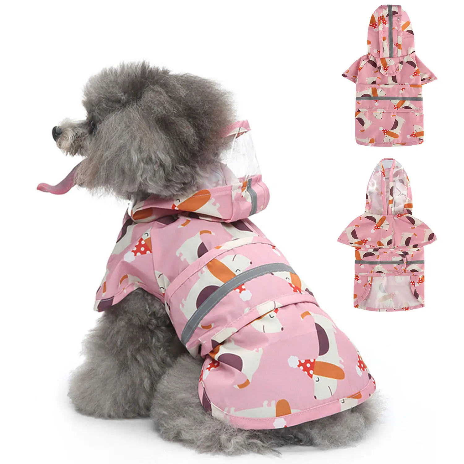 Grey poodle wearing a pink hooded raincoat with a cartoon dog pattern, shown alongside two views of the coat.
