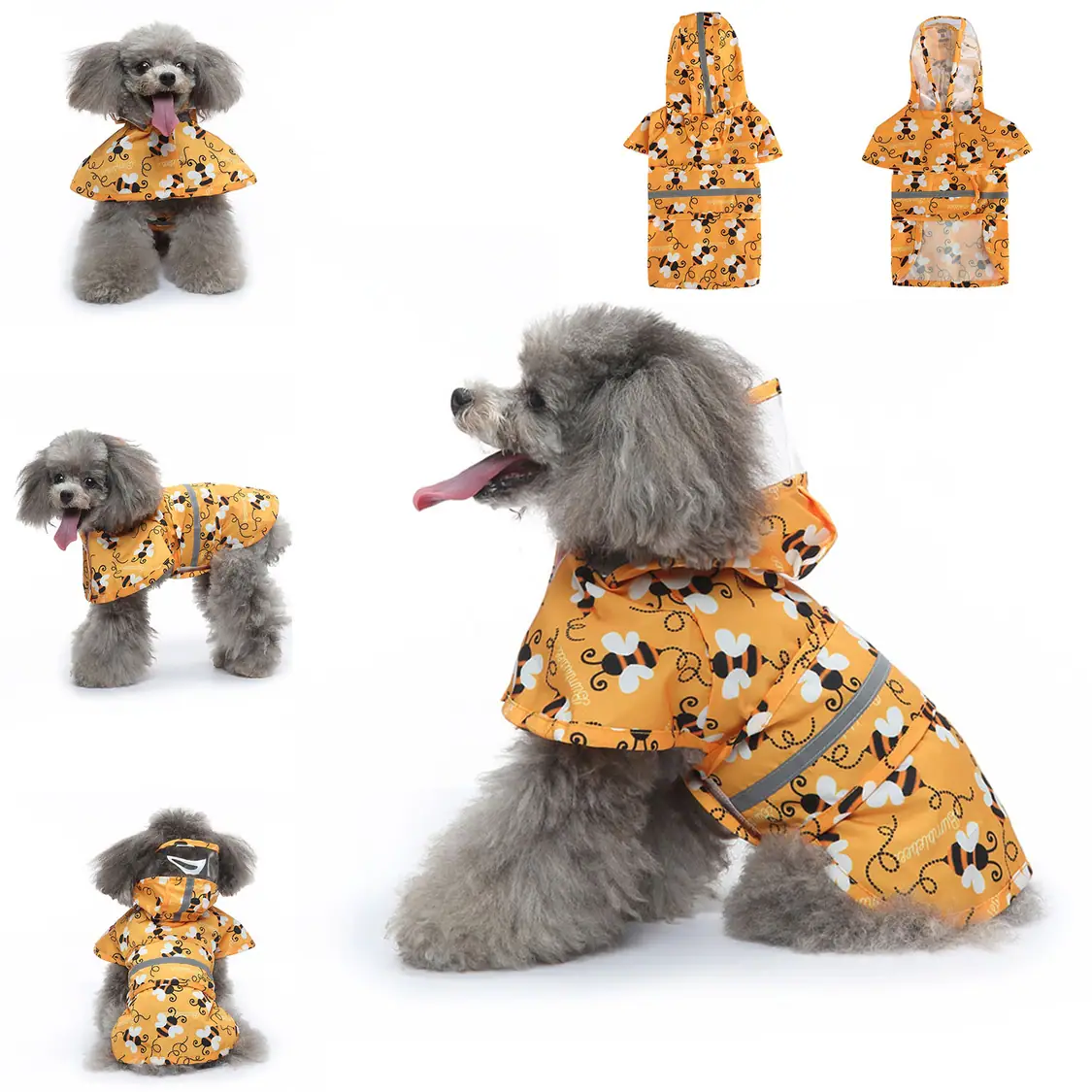Collage showing a grey poodle wearing an orange floral raincoat with a hood and reflective stripes.