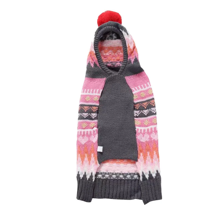 Knitted winter set featuring a pink and grey patterned scarf and matching hat with a red pom-pom.