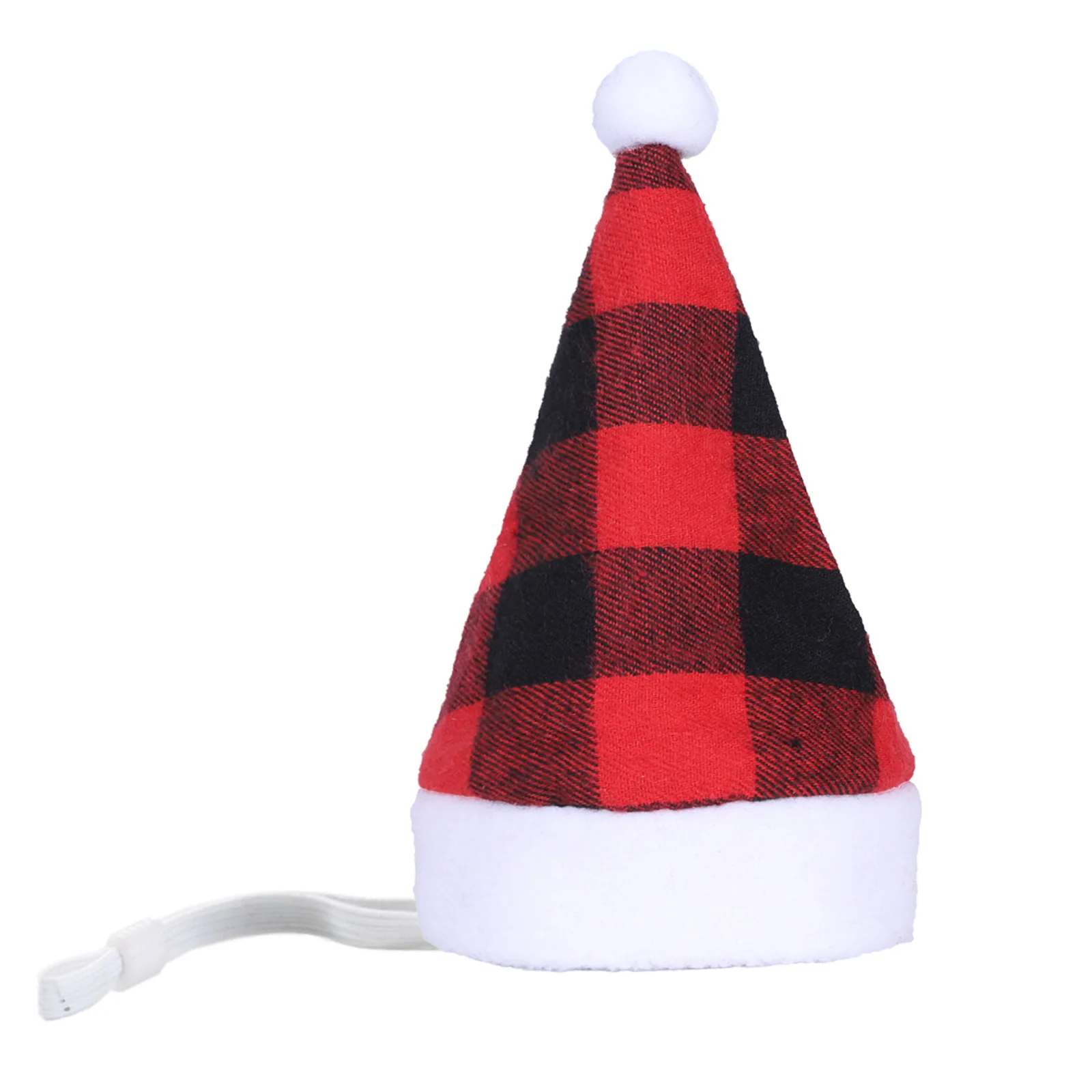 Red and black buffalo plaid Santa hat with white pom-pom and elastic chin strap on white background