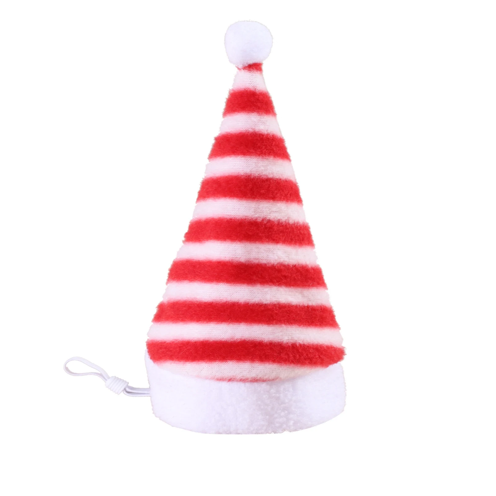 Red and white striped fuzzy cone hat with white pom-pom and brim on white background