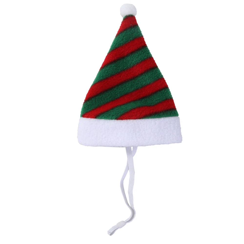 Red and green striped felt elf hat with white trim, pom-pom, and chin strap.