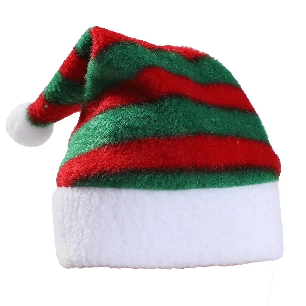 A festive red and green striped Santa hat with a white fluffy brim and pom-pom.
