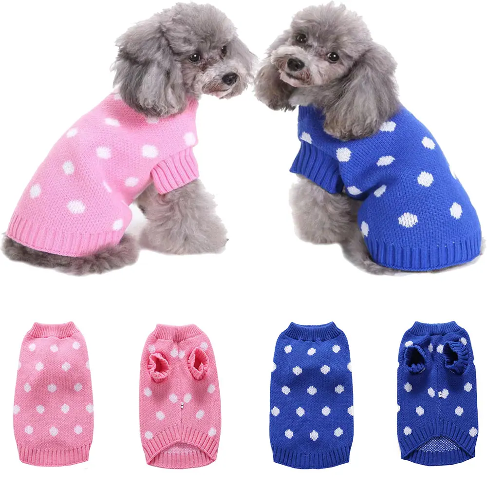 Pink and blue polka dot dog sweaters modeled by poodles with flat lay views of the knitwear.