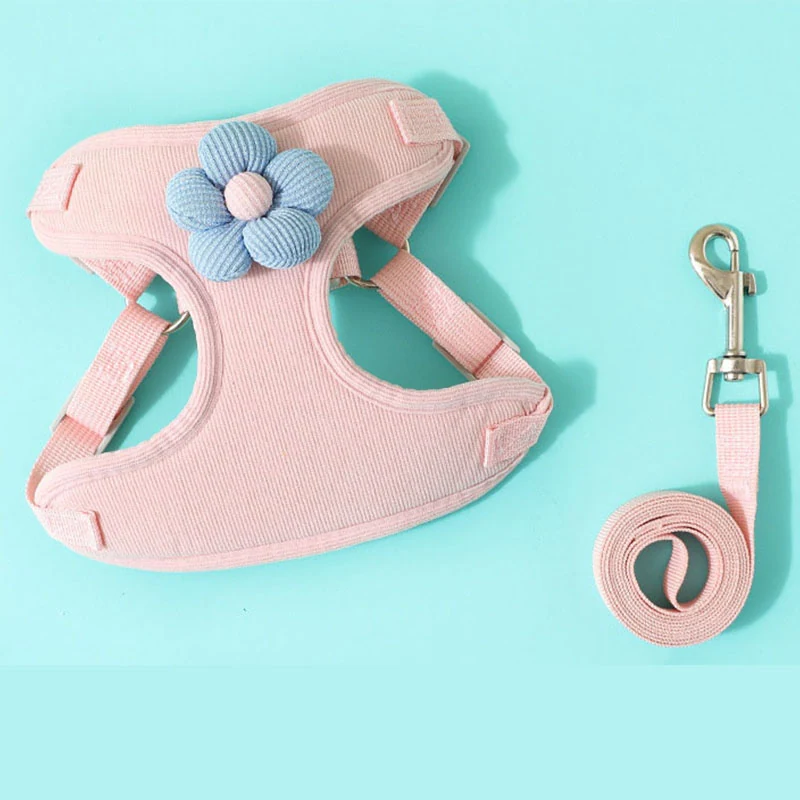 Pink pet harness with a blue flower detail and a matching coiled leash.
