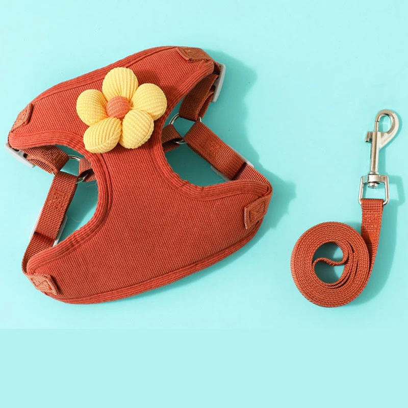 Orange dog harness with a yellow flower decoration and a matching coiled leash.