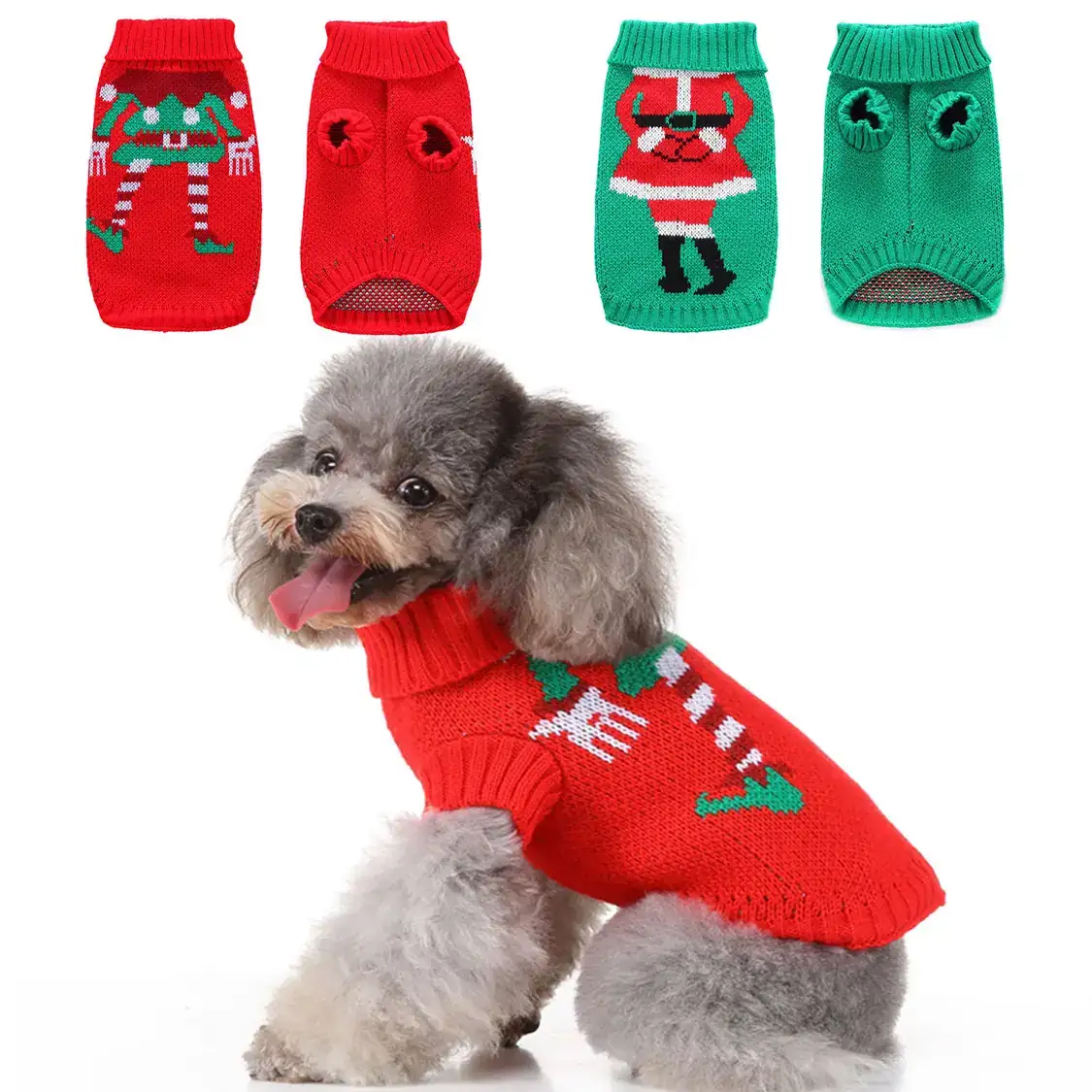 A grey poodle wearing a red knitted Christmas sweater, with four other sweater options displayed above.