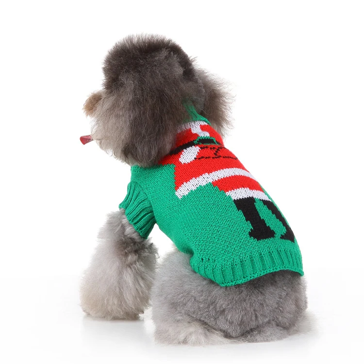 Back view of a grey poodle wearing a green knitted sweater with a Christmas tree pattern