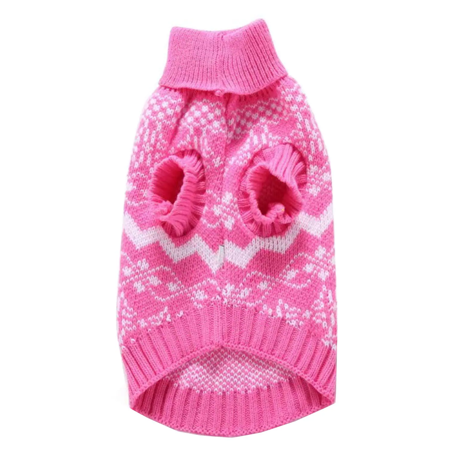 Pink knitted sweater for a pet dog or cat with white snowflake and chevron patterns