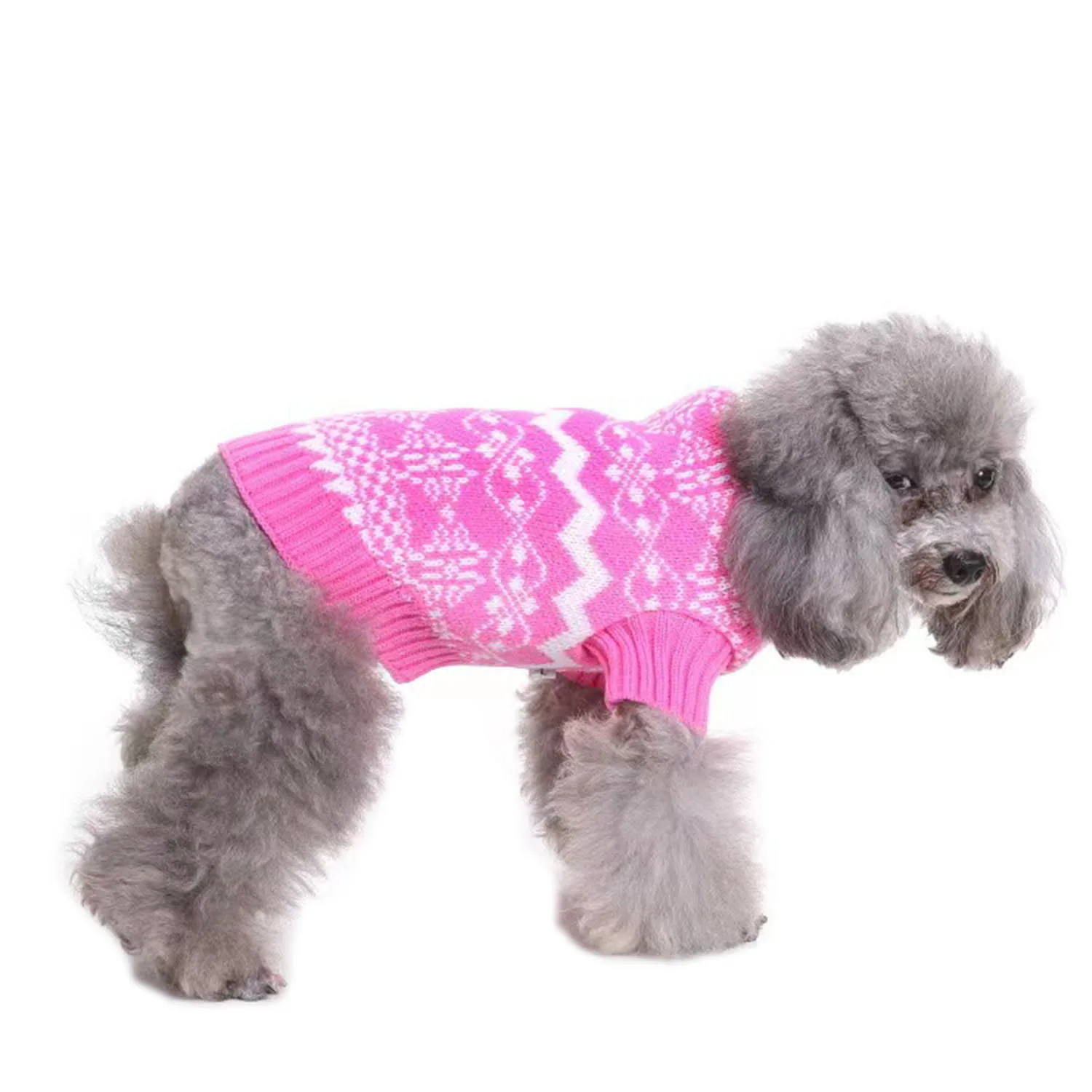 A gray poodle wearing a pink knitted sweater with a white geometric pattern