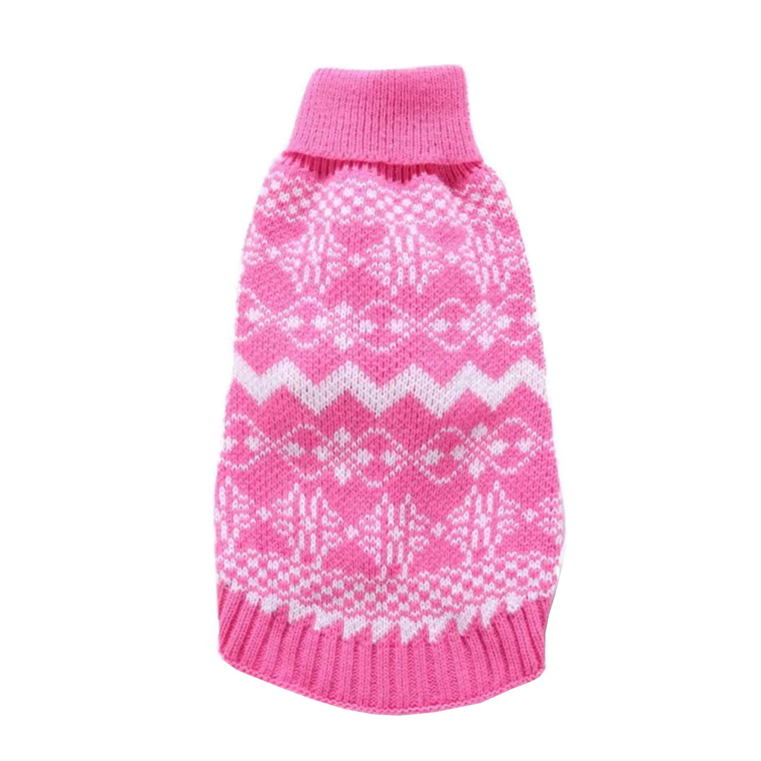 Pink knitted sweater with white Fair Isle patterns and ribbed collar.