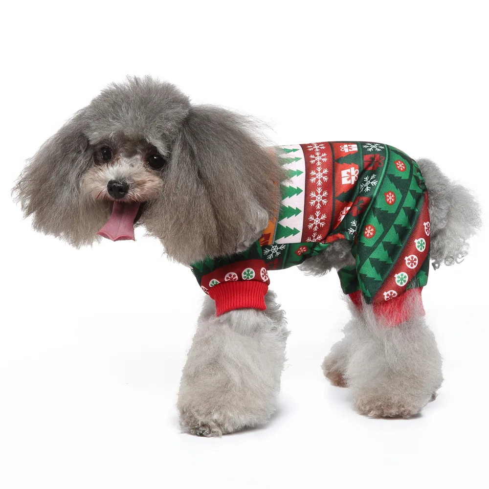 Grey poodle wearing a festive Christmas sweater with trees and snowflakes on a white background