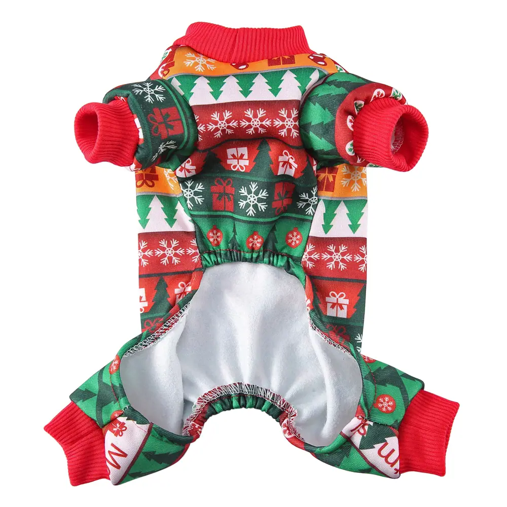 Christmas themed four legged pet clothing with red cuffs and festive pattern
