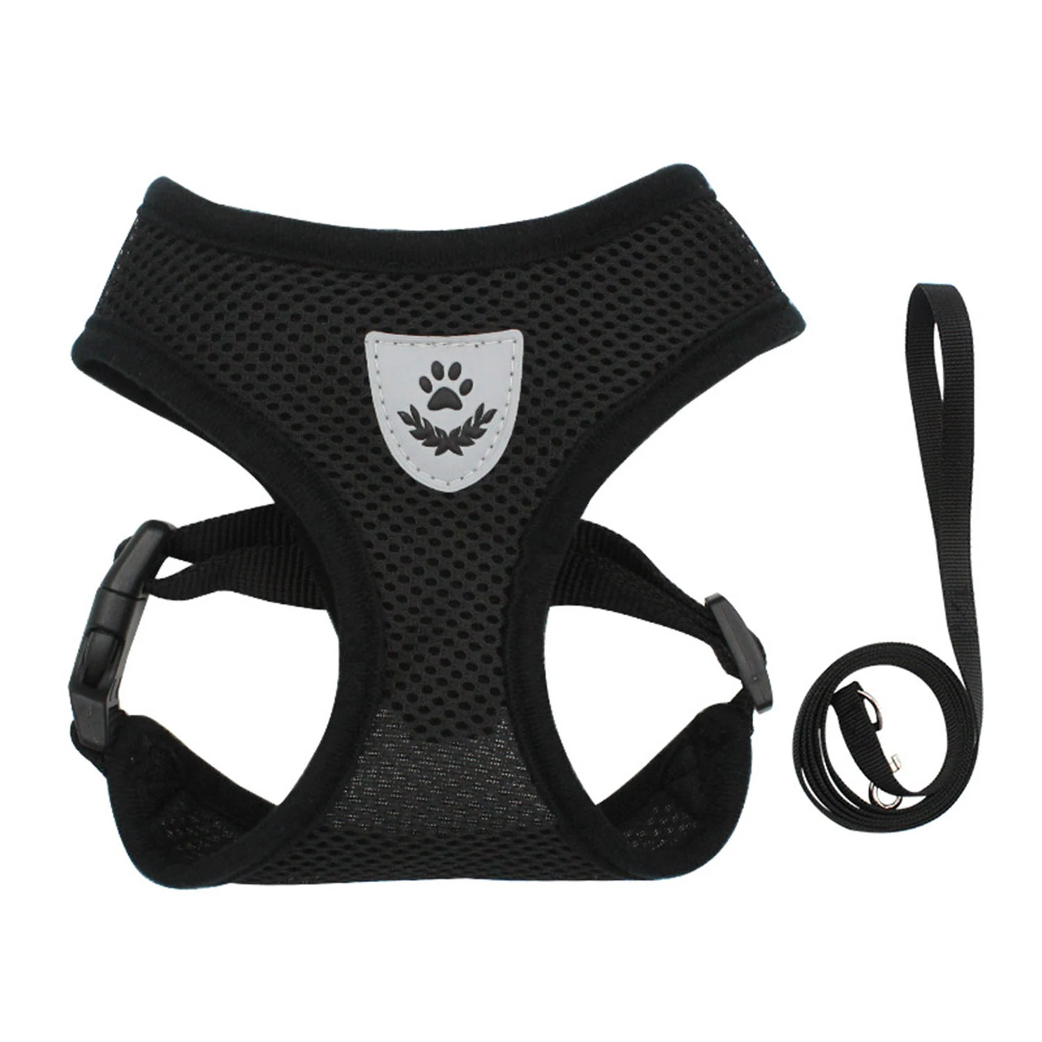 A black mesh dog harness with a grey paw print patch and a matching black leash.