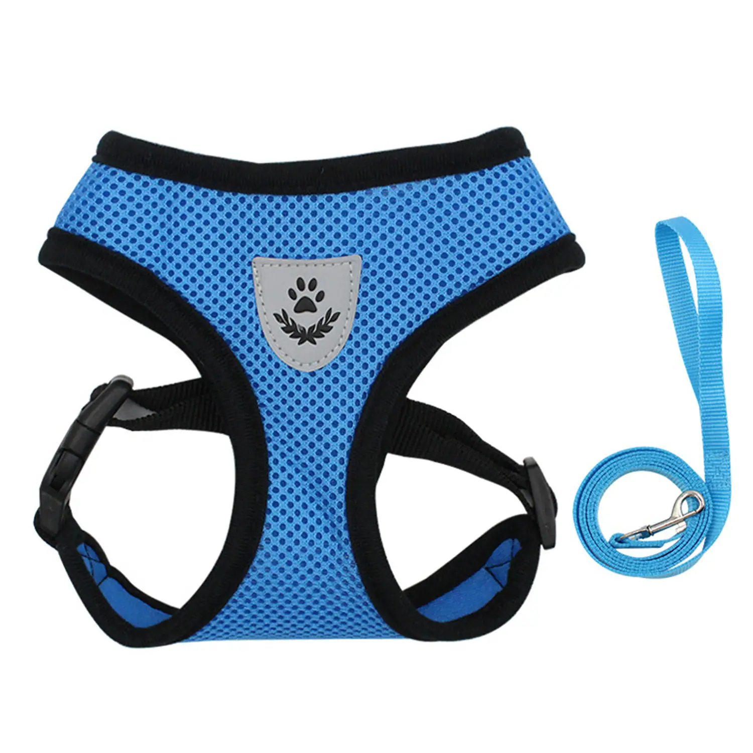Blue mesh dog harness with black trim and reflective patch shown with matching leash.