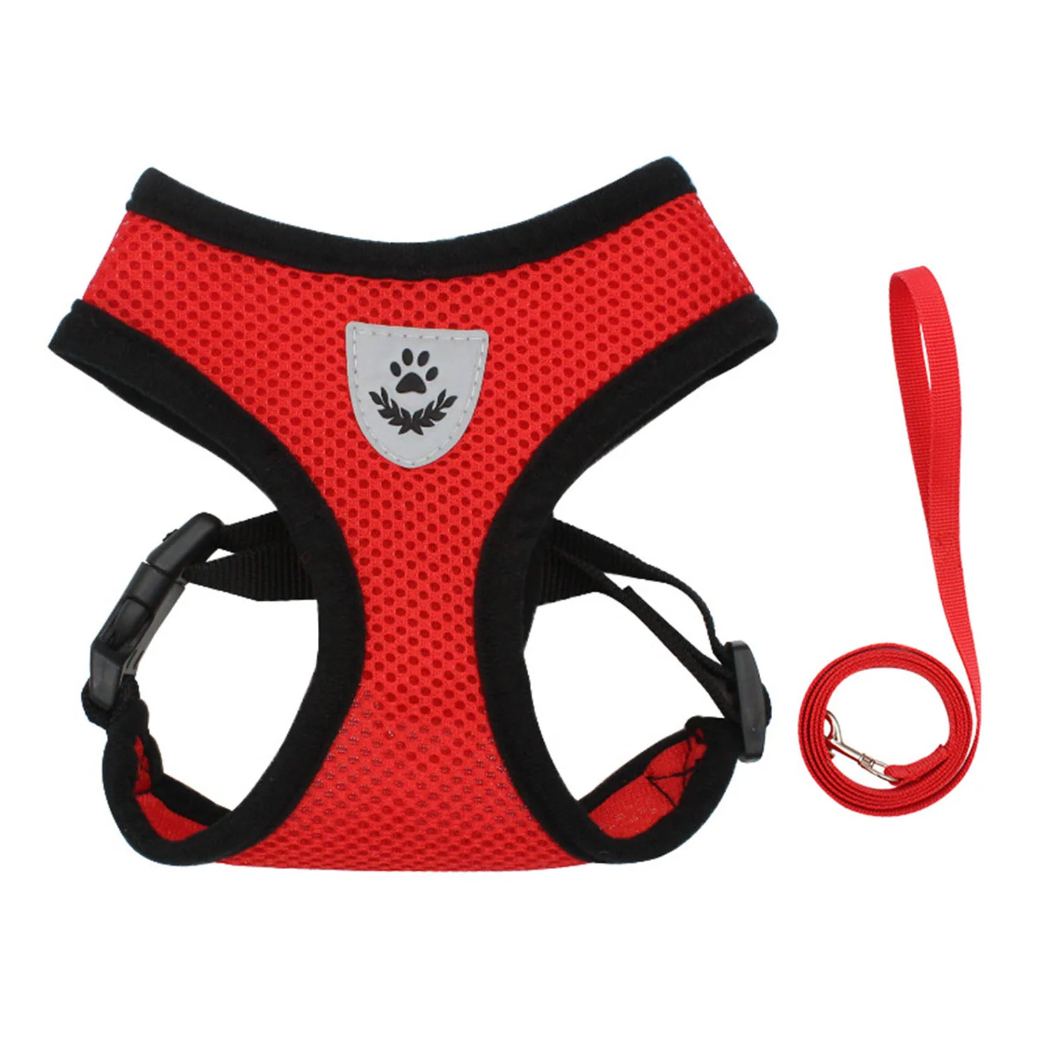 Red mesh dog harness with black trim and a matching red leash