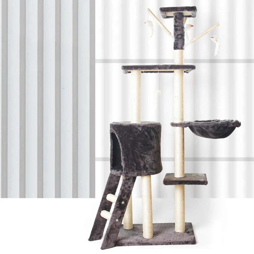 A tall, multi-level cat tree with a dark grey plush finish, featuring a condo, hammock, and scratching posts.