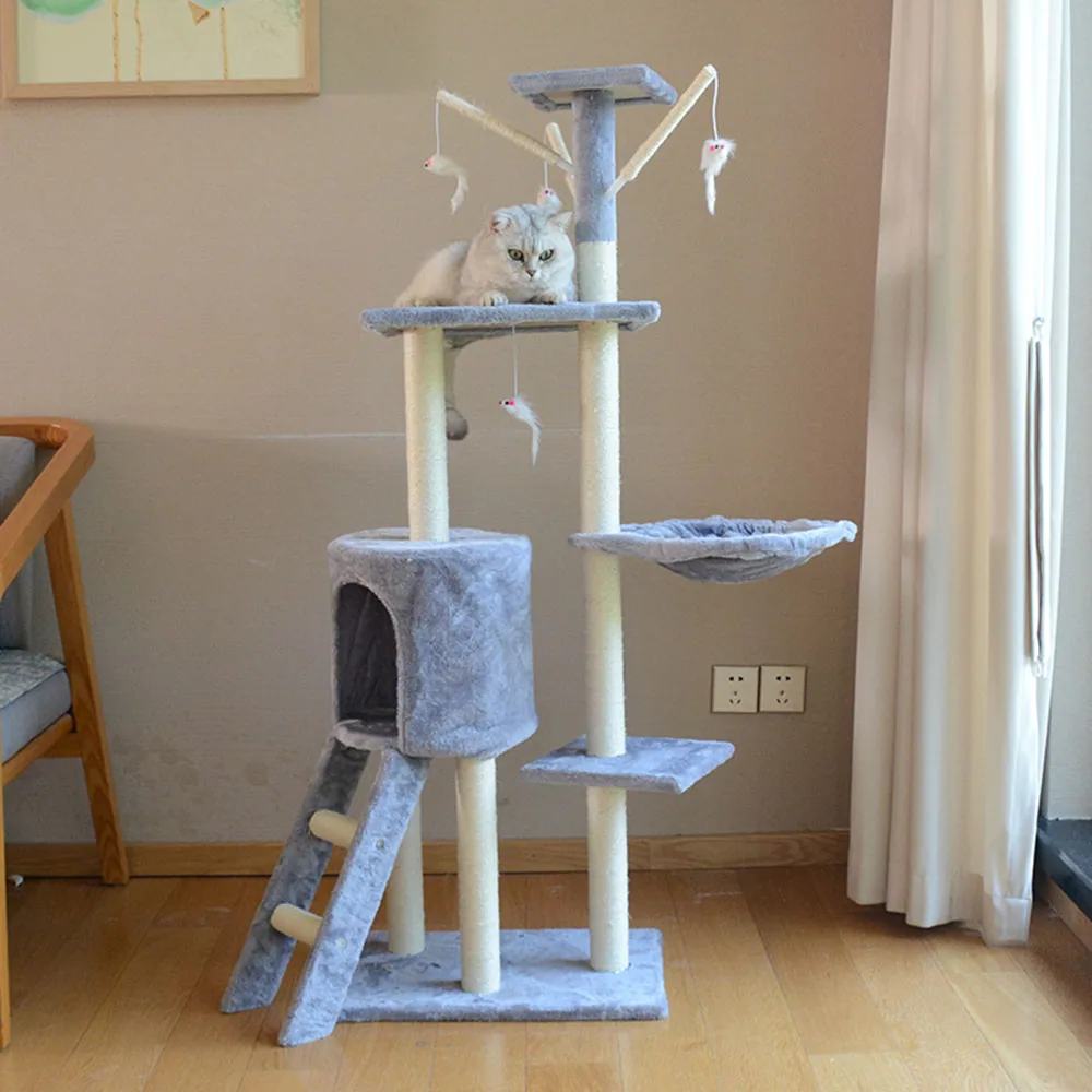 Tall grey and cream cat tree with multiple platforms, a condo, and a ladder, featuring a cat resting on the top perch.