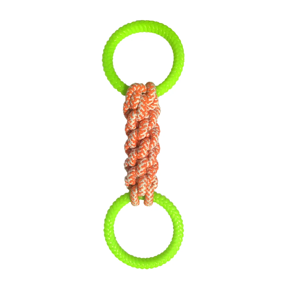 Vertical dog tug toy with two neon green rubber rings connected by a braided orange and white rope