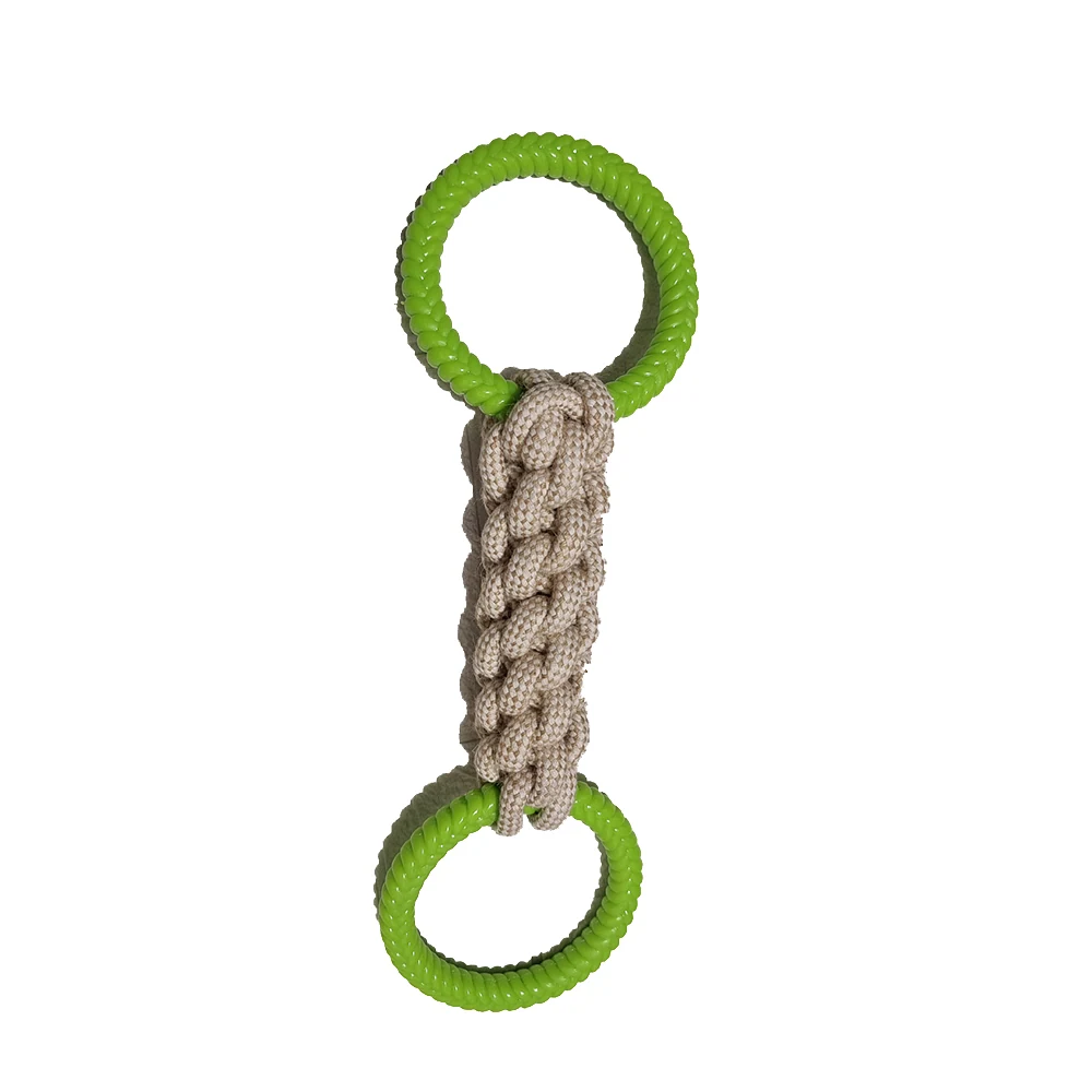 Braided beige rope handle with green circular grips at each end on white background