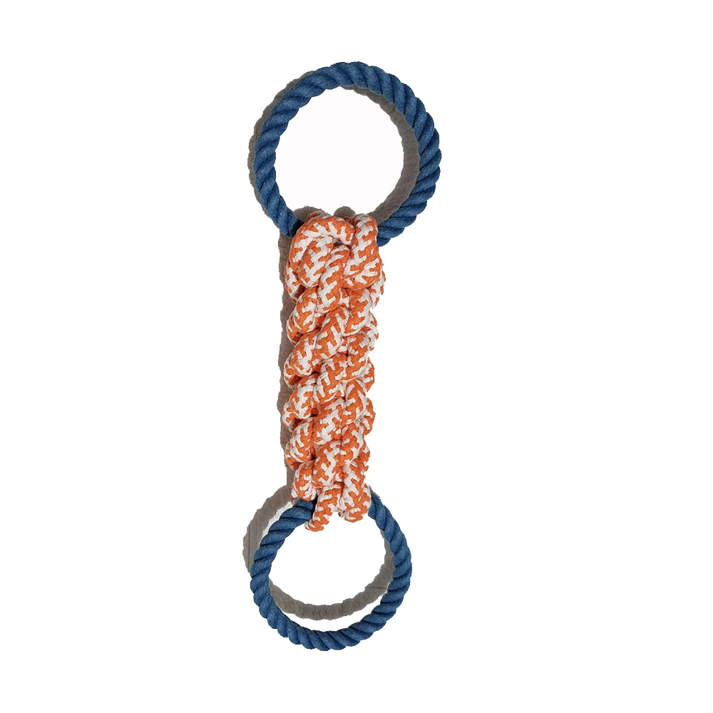 Blue rope loops connected by a braided orange and white knot