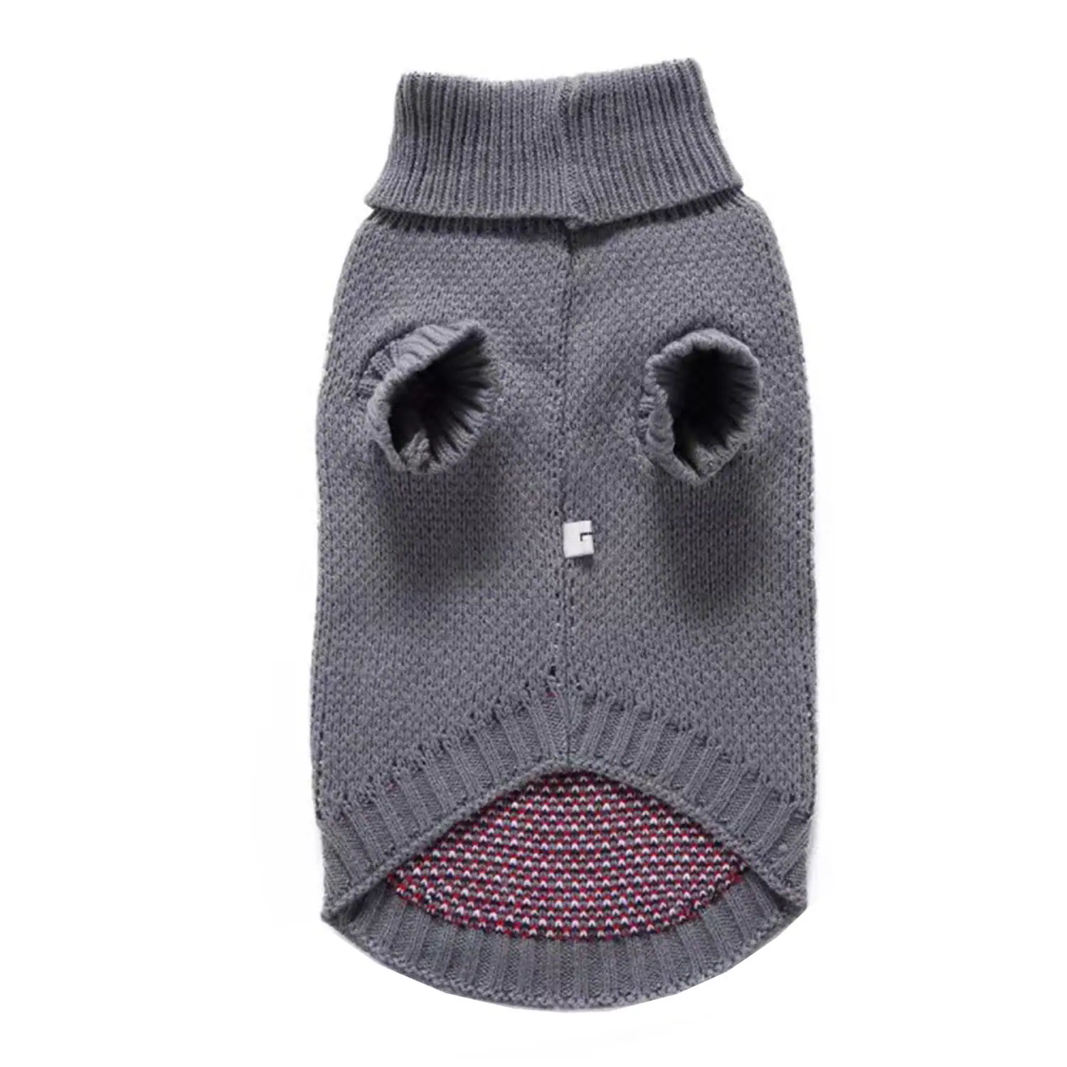 Grey knitted sweater for a dog with leg holes and a ribbed collar and hem.