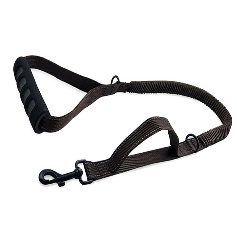 A black dog training lead with a padded handle and a bungee shock-absorbing section.