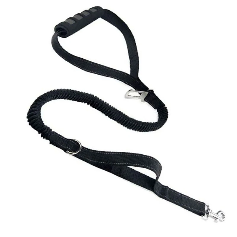 Black adjustable dog leash with a padded handle and bungee section on a white background.