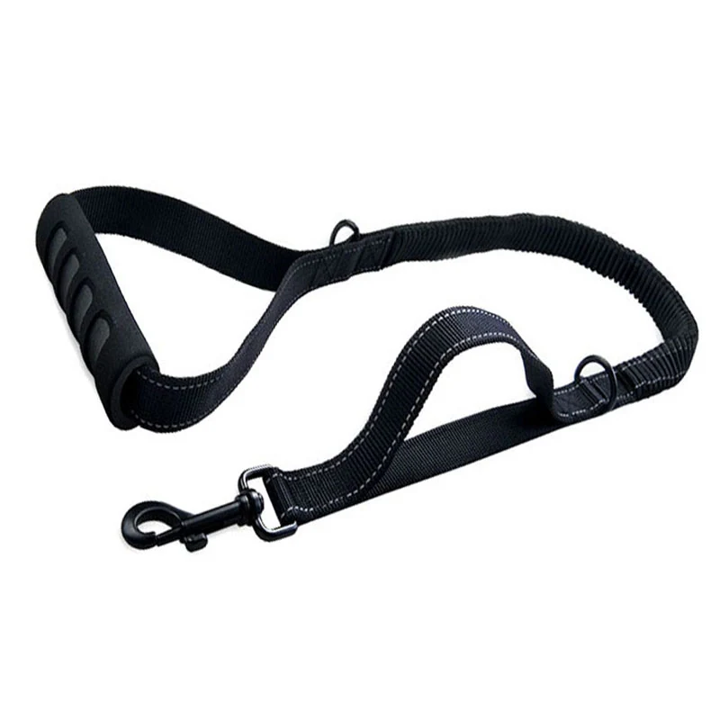 Black nylon dog leash with a padded handle and metal snap hook