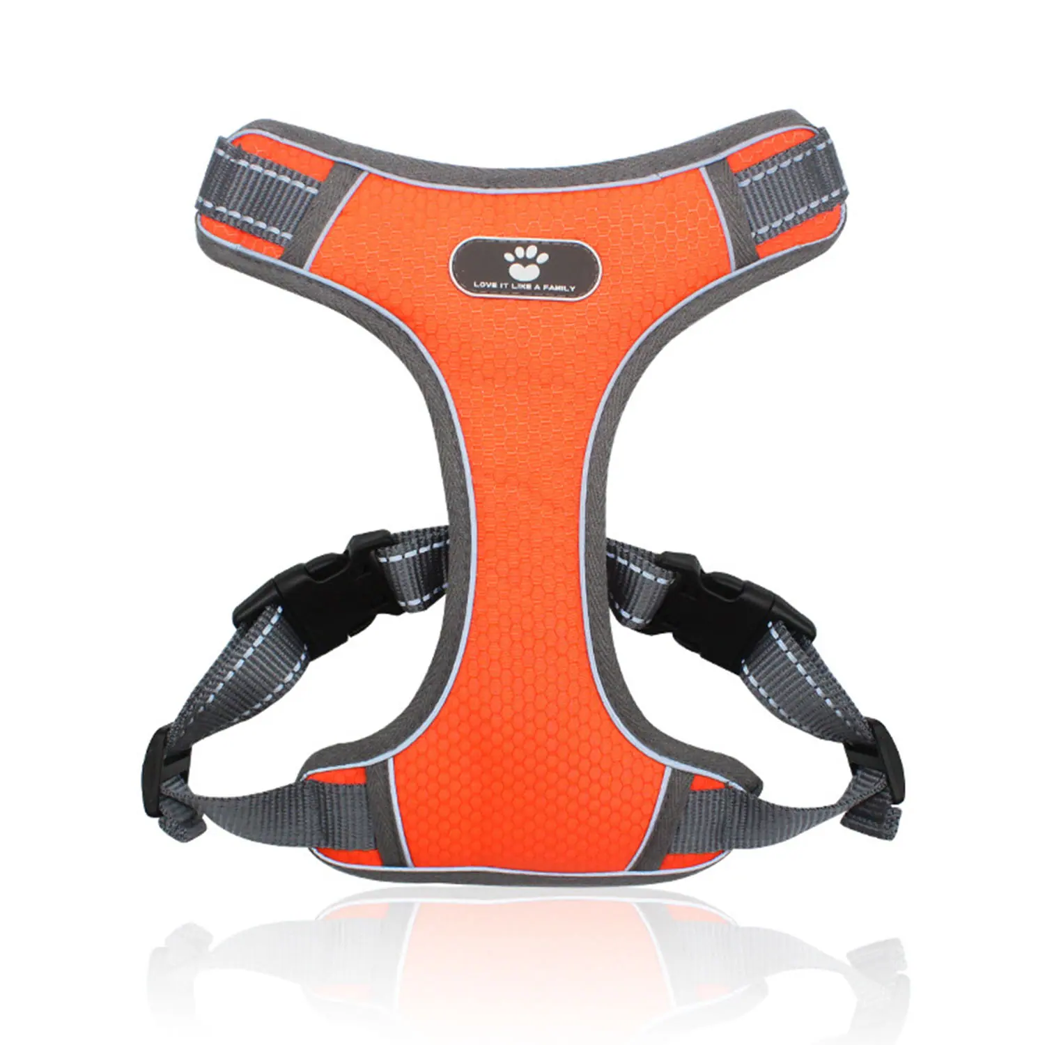 Orange mesh pet harness with reflective grey trim and black plastic buckles on a white background.