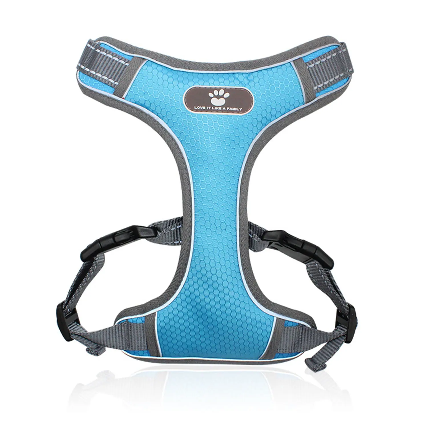 A blue and gray mesh dog harness with black buckles and a paw print logo on a white background.