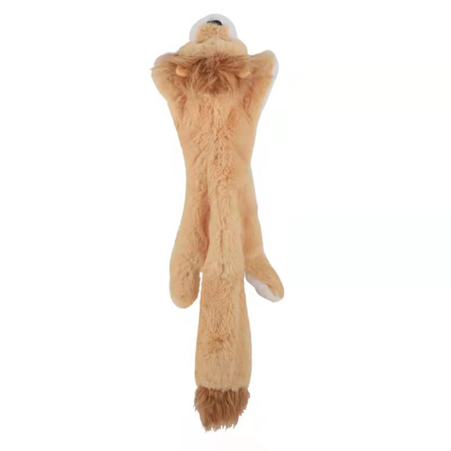 Rear view of a tan plush toy with a long tail and white paw tips