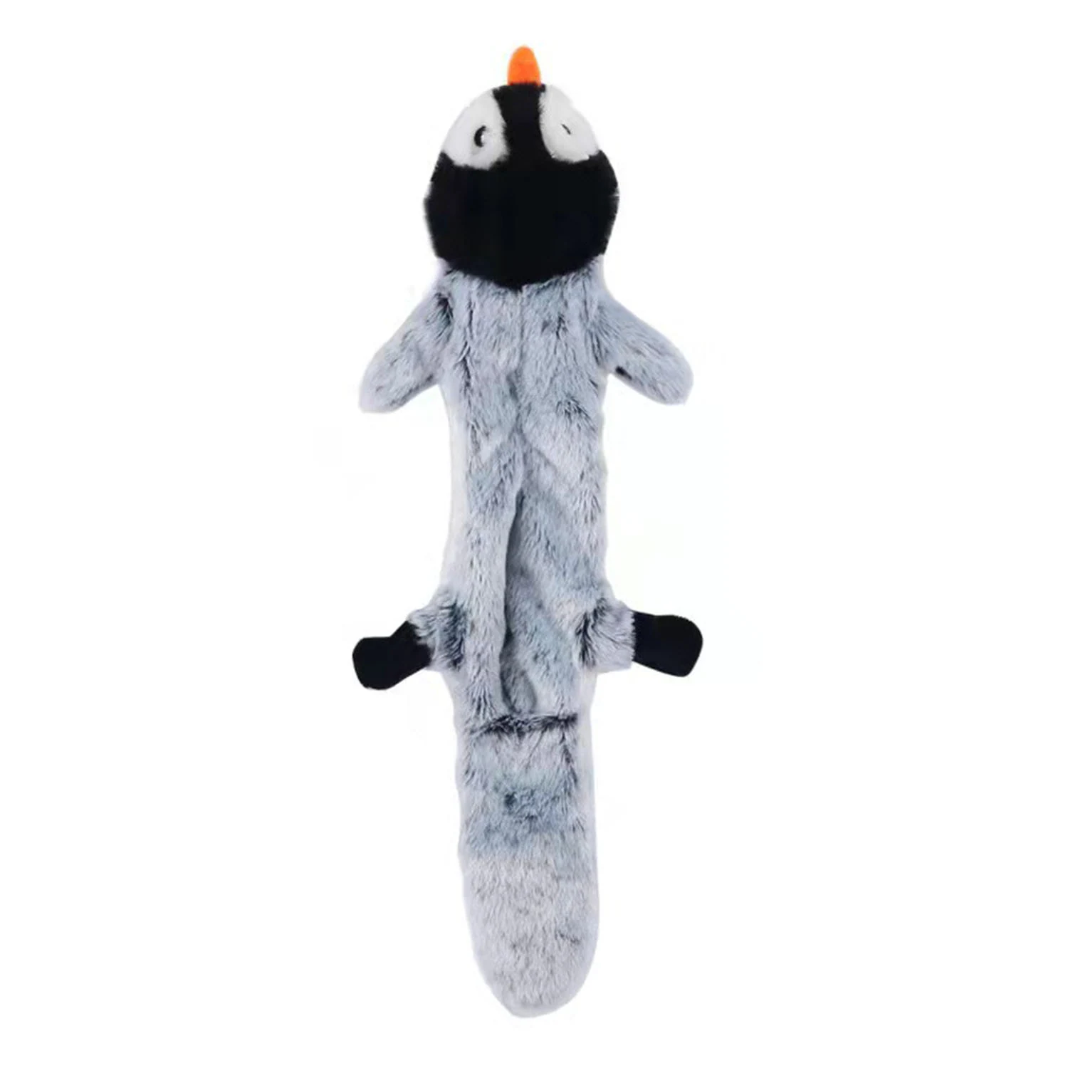 A plush penguin toy with a long gray furry body and black feet lying on a white background.