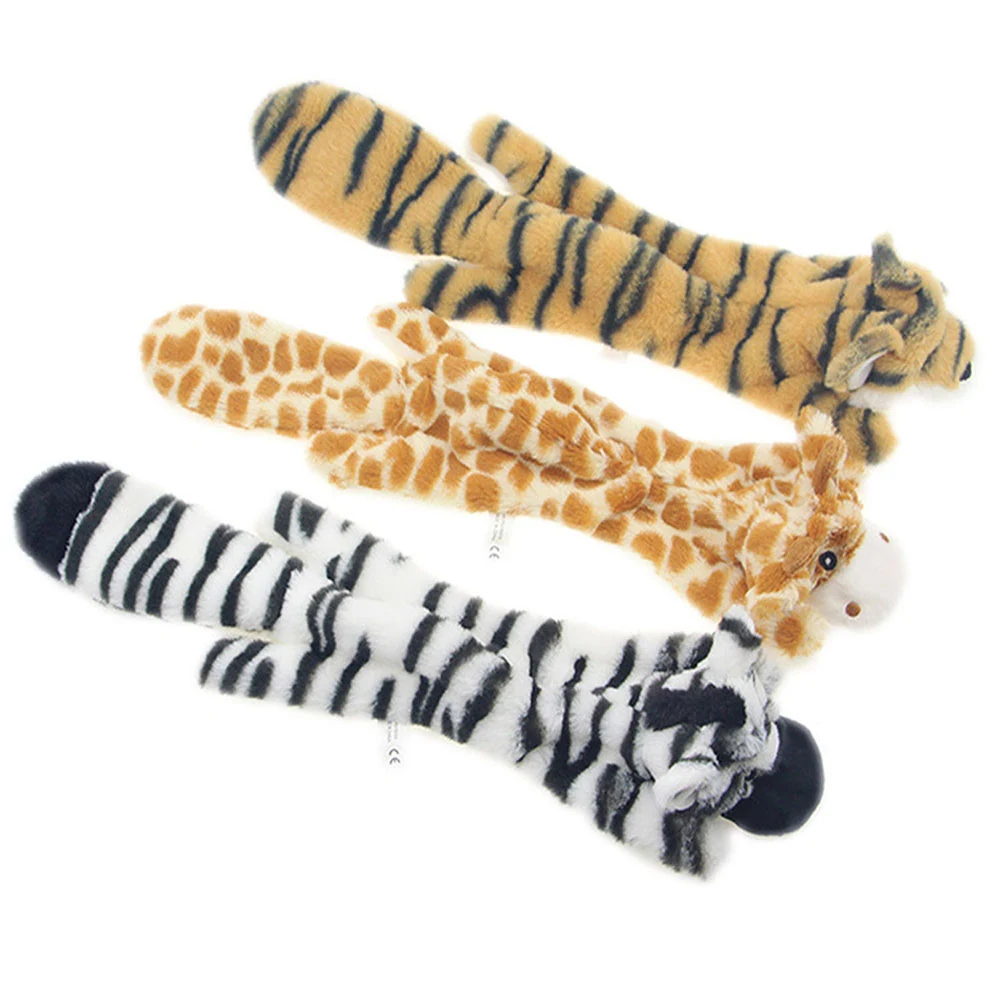 Three plush animal toys with long limbs featuring tiger, giraffe, and zebra patterns on a white background