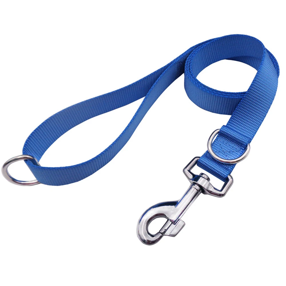 Blue nylon lifting sling with metal hook and ring on white background